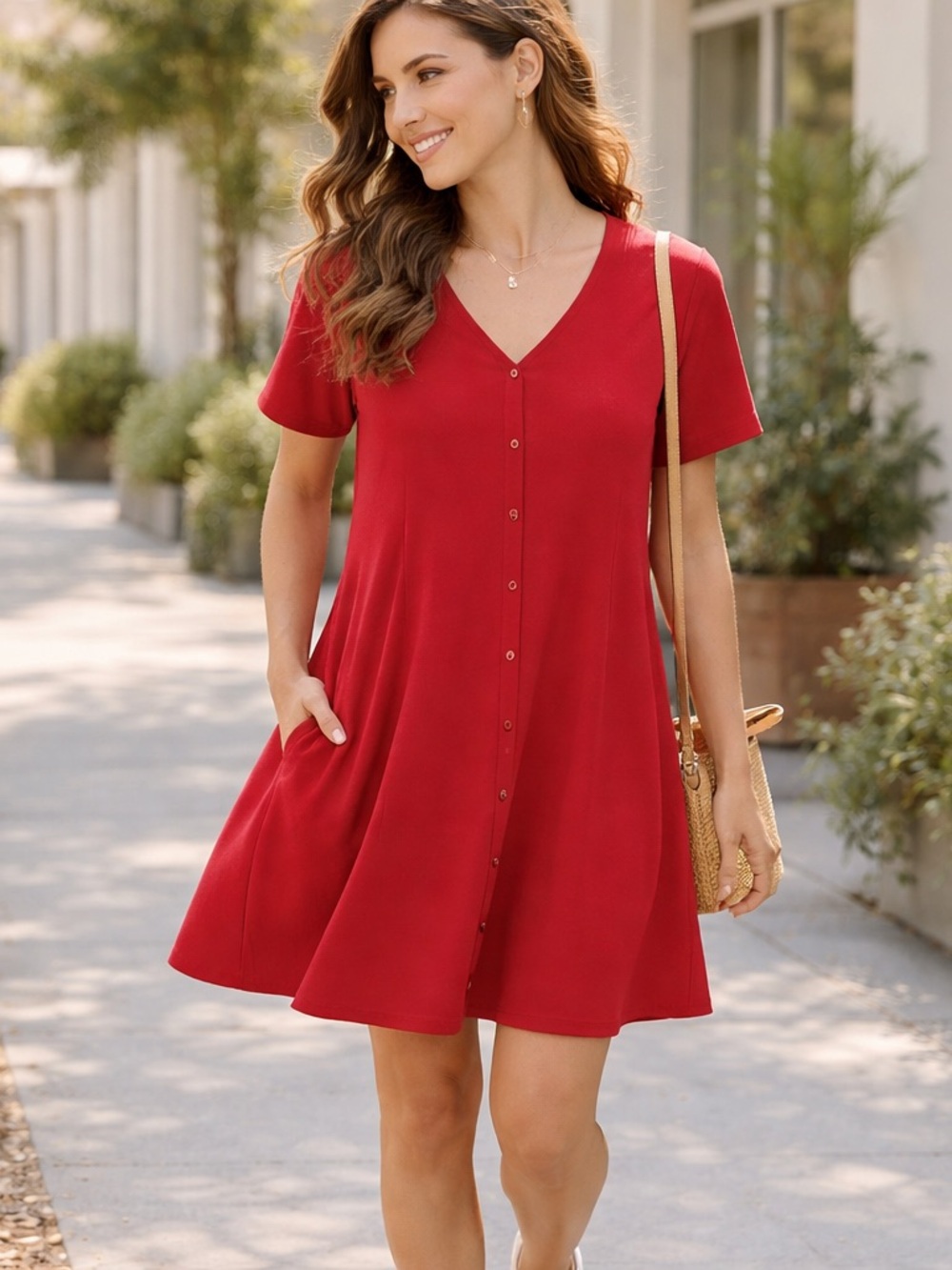 Agnes and Dora Pepper Red Cardigan Tunic Dress Trapeze Silhouette Side Pockets